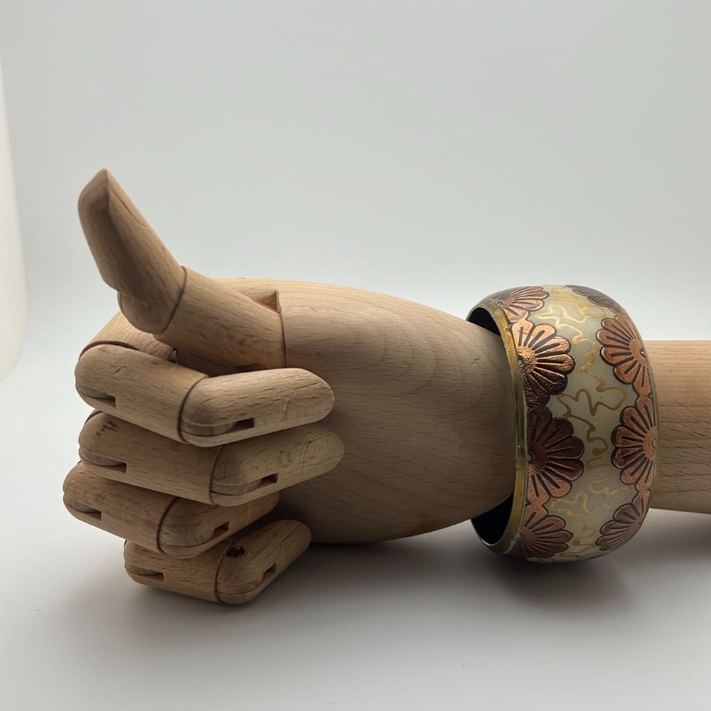 Enameled boho styled brass, copper & goldtone inlaid cuff bangle bracelet CT